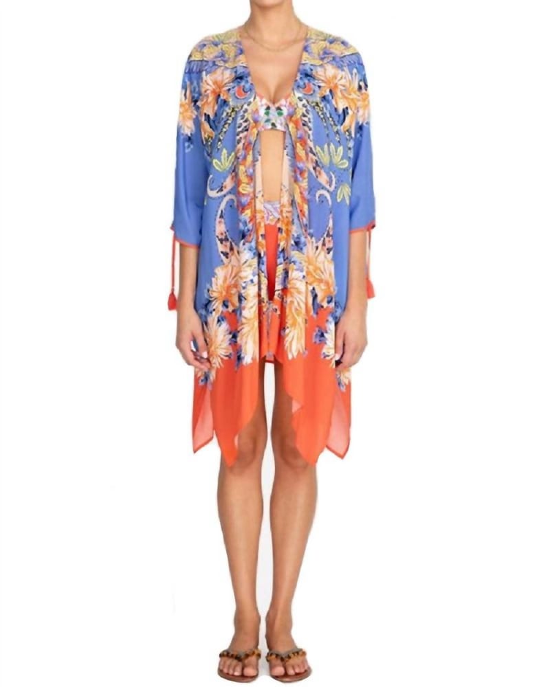Front of a model wearing a size XL Kahlo Short Kimono Cover Up in Multi in Multi by Johnny Was. | dia_product_style_image_id:336798